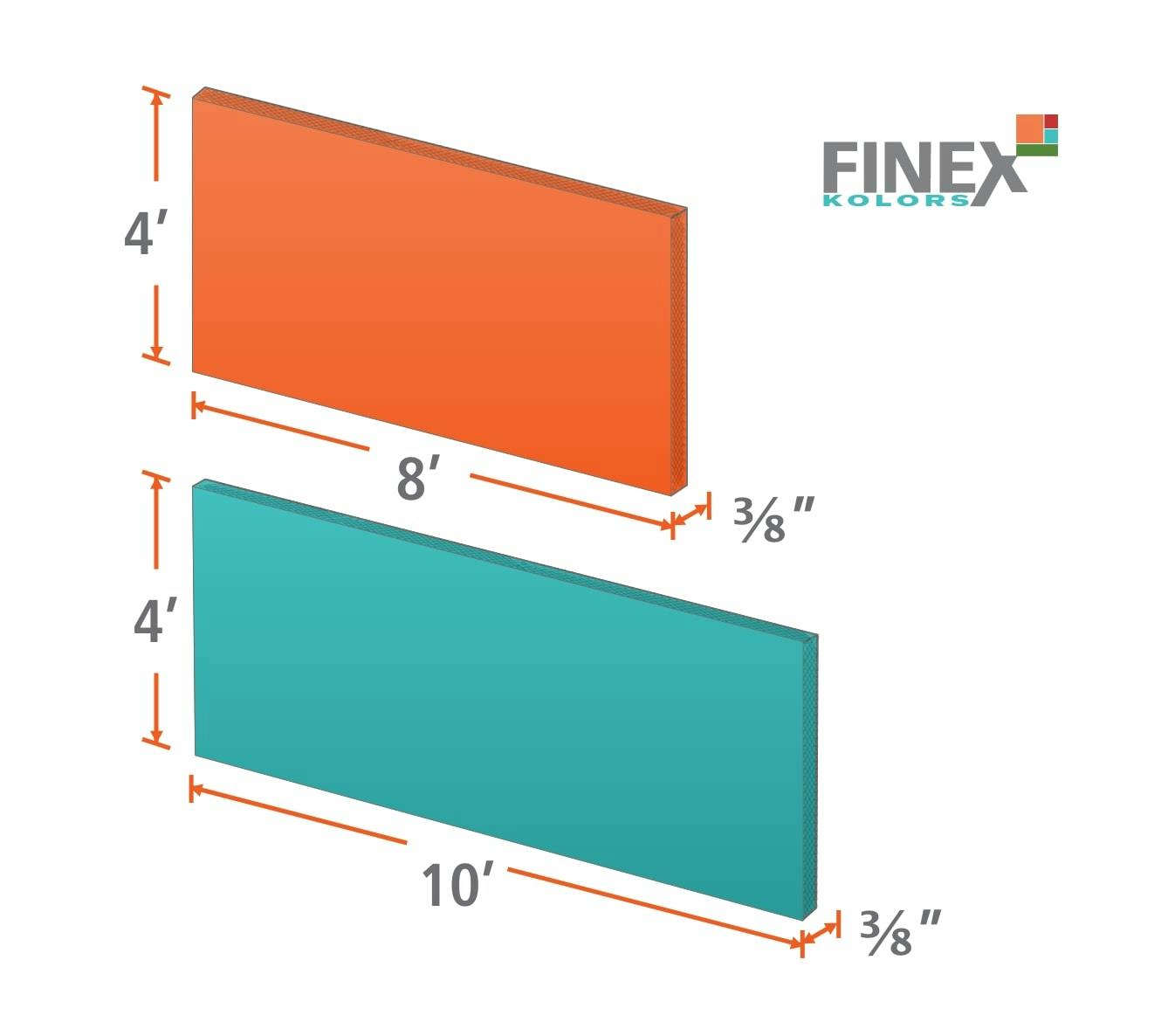 Diagram showing the dimensions of FINEX KOLORS fiber cement facade panels, available in sizes 4' x 8' (1.22 m x 2.44 m) and 4' x 10' (1.22 m x 3.05 m), with a thickness of 3/8" (10 mm)
